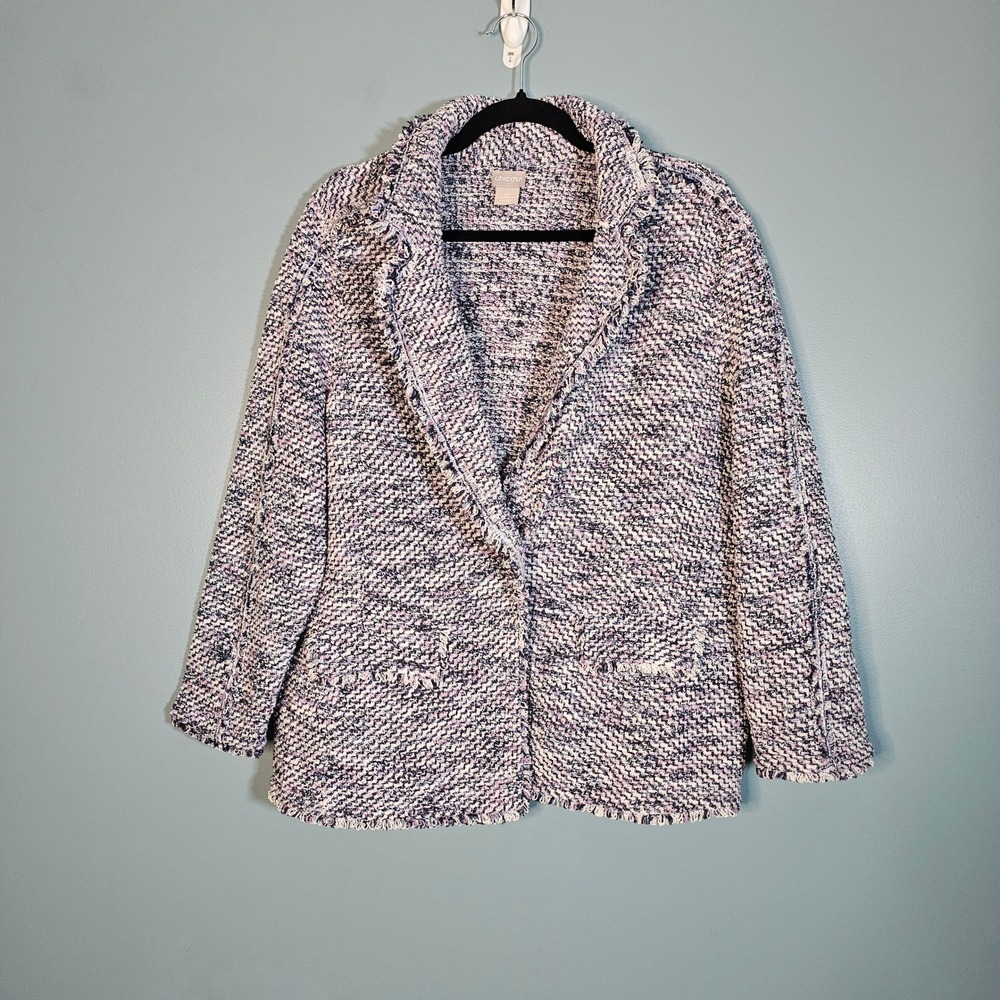Chicos Womens Textured Blazer Jacket Cardigan Blue Purple White Open Front 3P XL